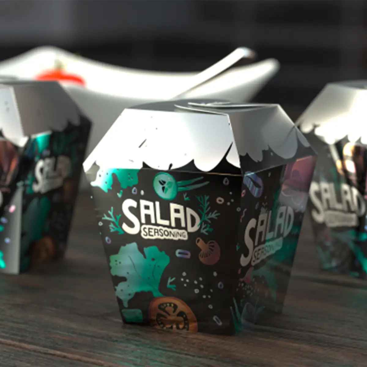 Salad food boxes with boxes decorated with metallic ink