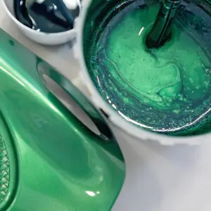 Close up with green metallic coating