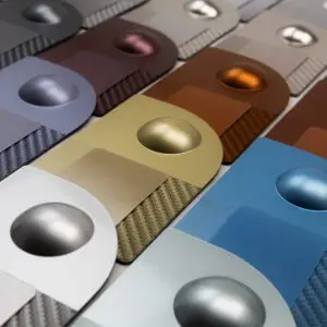 Textured shapes coated with trend colors containing metallic and pearlescent effect pigments