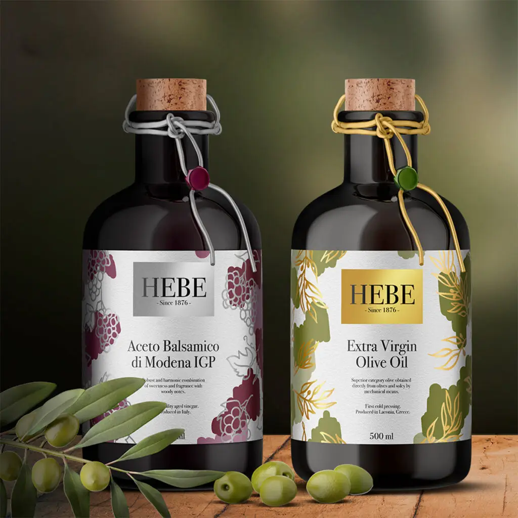 Oil and Vinegar bottles with labels decorated with metallic ink