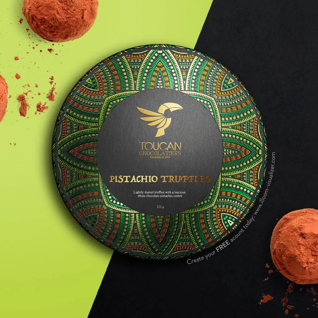 Close up truffle package that is decorated with metallic inks